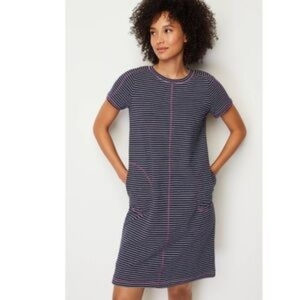 J. Jill Navy and White Striped Midi Dress with Pink Topstitching